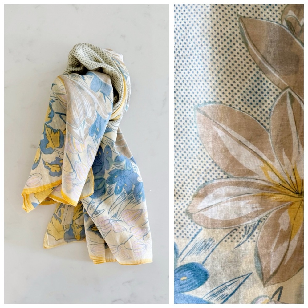 70s Vintage Anne Klein Swiss Dot & Floral Print Cottagecore Cotton Scarf Wrap - Picture 9 of 17